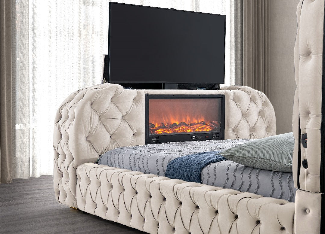 B014 - Cream TV FIREPLACE BED **** LOW STOCK ****