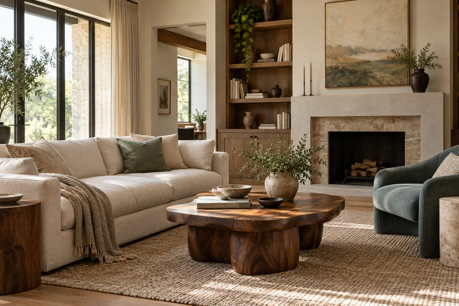 An inviting living room with natural textures and warm wood
